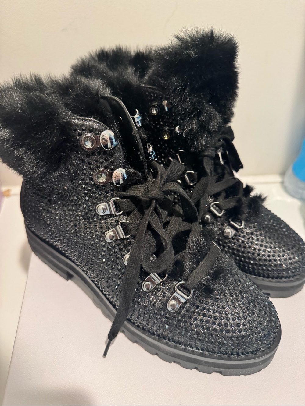 Jessica Simpson Norina Combat Black Rhinestone Fur Boots